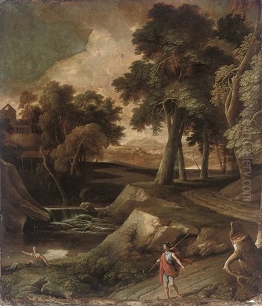 An Italianate Wooded River Landscape Oil Painting by Andrea Locatelli