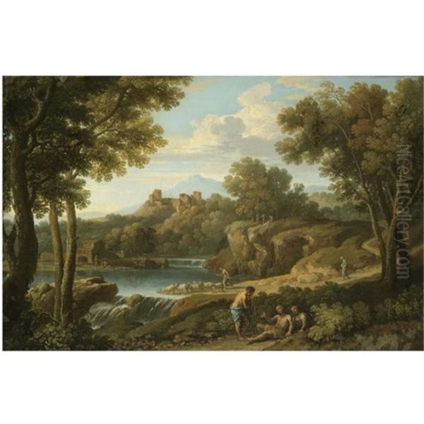 A Classical Landscape With Figures And A Herdsman Near A Waterfall, A Hilltop Fort Beyond Oil Painting by Andrea Locatelli