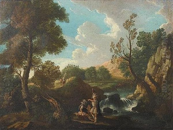 An Italianate Landscape With Classical Warriors Resting Beside A Waterfall, Travellers On A Path Beyond Oil Painting by Andrea Locatelli