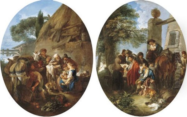 Peasants Eating And Drinking By A Cottage (+ A Hunting Party Resting In A Wooded Landscape; Pair) Oil Painting by Andrea Locatelli