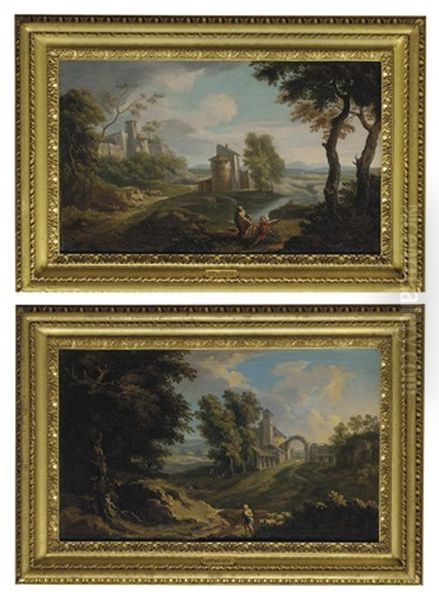 An Italianate River Landscape, With Figures (+ An Italianate Landscape, With A Shepherd And His Flock; Pair) Oil Painting by Andrea Locatelli