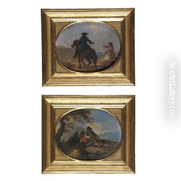 Due Cavalieri (+ Contadini A Riposo; Pair) Oil Painting by Andrea Locatelli