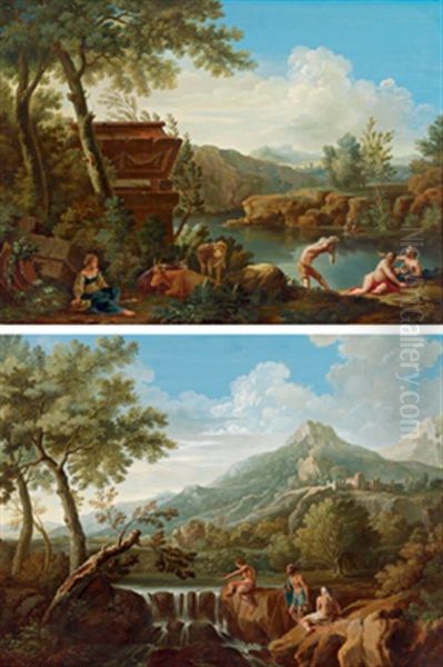 Flusslandschaft Mit Fischern, Flusslandschaft Mit Badenden Oil Painting by Andrea Locatelli