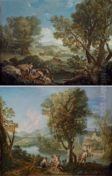 An Italianate Wooded Landscape With Shepherds (+ An Italianate River Landscape With Fishermen On A Bank; Pair) Oil Painting by Andrea Locatelli