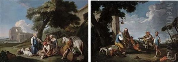 An Italianate Landscape With Shepherds And Their Flock With Other Workers At Rest Under A Tree, Ruins Beyond (+ Another; Pair) Oil Painting by Andrea Locatelli