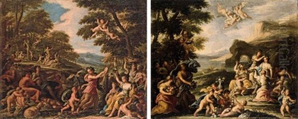 A Wooded River Landscape With Flora, Nymphs And Putti (+ A Wooded Landscape With A Bacchanal; Pair) Oil Painting by Andrea Locatelli