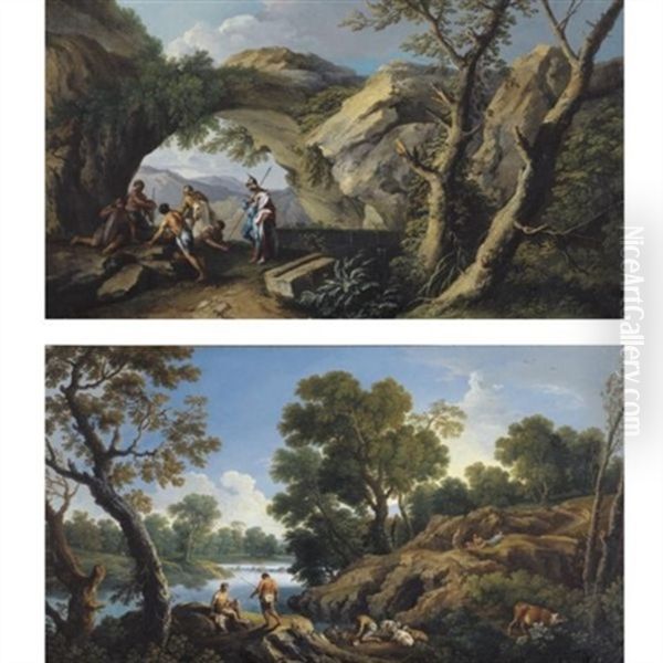 A Rocky Landscape With A Horseman And Brigands By A Path (+ A River Landscape With A Shepherd And Other Figures Resting On A Rocky Bank; Pair) Oil Painting by Andrea Locatelli