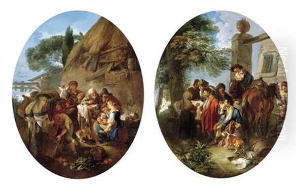 Peasants Eating And Drinking By A Cottage (+ A Hunting Party Resting In A Wooded Landscape; Pair) Oil Painting by Andrea Locatelli