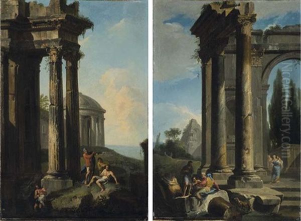 Paesaggio Con Rovine Antiche E Piramide (+ Paesaggio Con Tempio E Marina In Lontananza; 2 Works) Oil Painting by Andrea Locatelli