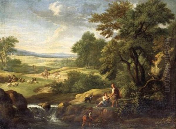 A Southern Landscape With Fishermen At The Edge Of A Brook, A Shepherd And Travellers Beyond Oil Painting by Andrea Locatelli