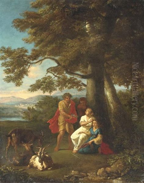 A Classical Landscape, Herdsman And Other Peasants With Mountains Beyond Oil Painting by Andrea Locatelli