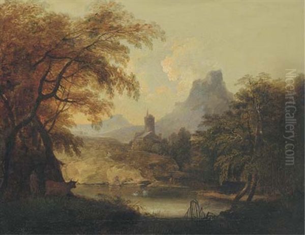 A Landscape With A Drover Crossing A Bridge (+ A Landscape With A Tower By A Lake; Pair) Oil Painting by Andrea Locatelli