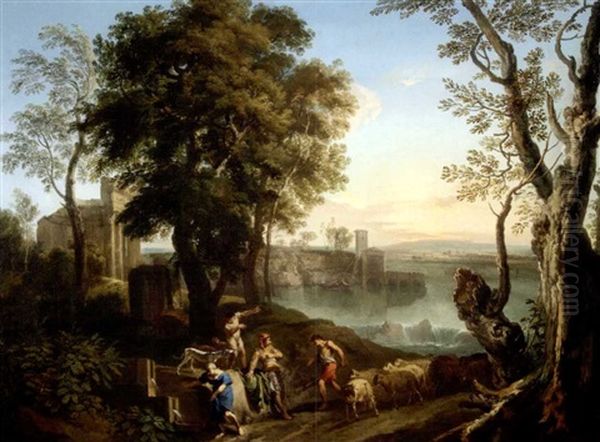 Landschaft In Latium Mit Schafern (+ Herde In Der Nahe Eines Sees; Pair) Oil Painting by Andrea Locatelli