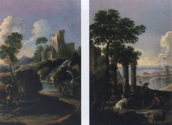 Landscape With Shepherds And Other Figures Near Ruins And A Fountain Oil Painting by Andrea Locatelli