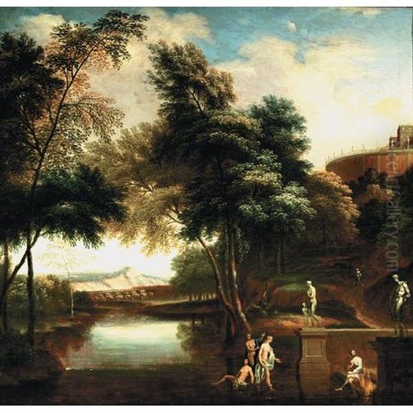 A Classical Landscape With Figures Bathing In The Foreground Oil Painting by Andrea Locatelli