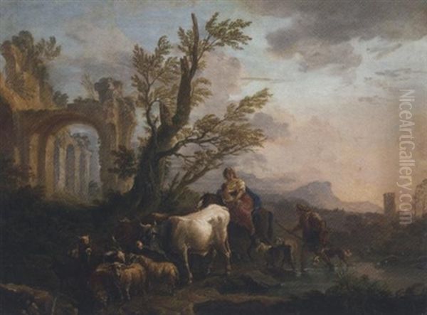 An Italianate River Landscape With A Peasant Family Travelling With Their Goats And Cattle Oil Painting by Andrea Locatelli