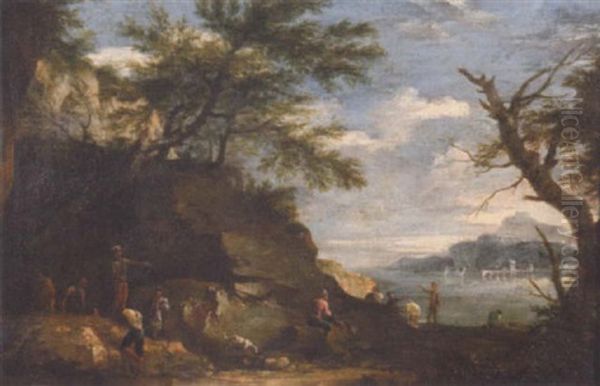 A Rocky Wooded Landscape With Figures On An Outcrop, A View To A Lake Beyond Oil Painting by Andrea Locatelli