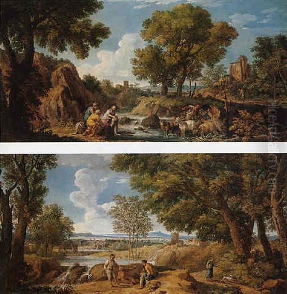 A Classical Landscape With A Washerwomen And A Goat-herder By A River Oil Painting by Andrea Locatelli