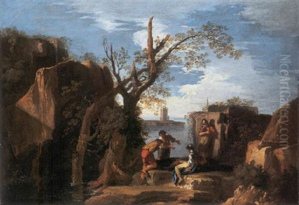 A Rocky Coastal Landscape With Soldiers And Peasants Oil Painting by Andrea Locatelli