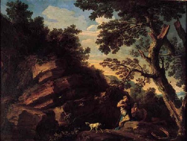 A Rocky River Landscape With Figures Conversing Beneath A Tree And A Dog Barking At Flying Birds Oil Painting by Andrea Locatelli