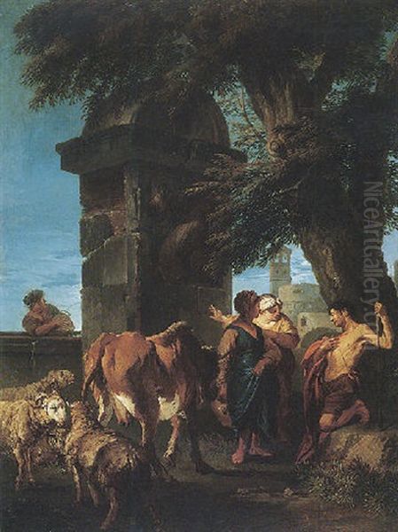 Herdsmen With Their Cattle And Sheep Resting Before A Funerary Monument, A Church Tower Beyond Oil Painting by Andrea Locatelli