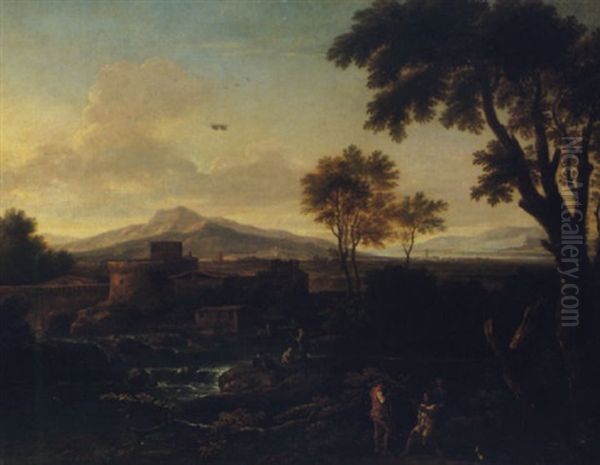 An Italianate Landscape With Travellers Resting Beside A River Before A Castle Oil Painting by Andrea Locatelli