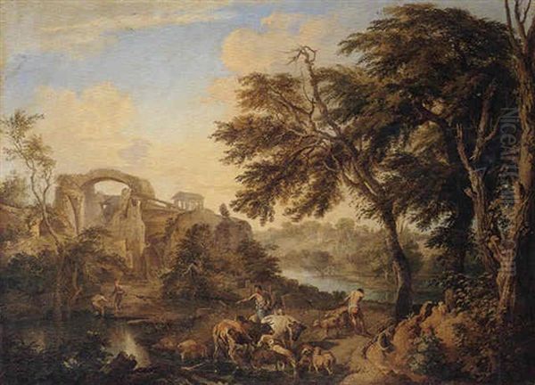 An Italianate Landscape With Drovers And Fishermen On The Banks Of A River Oil Painting by Andrea Locatelli