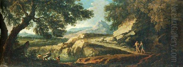 Figures On A Track By A Lake And Others Drawing In Nets In An Italianate Landscape Oil Painting by Andrea Locatelli