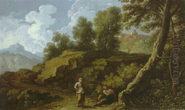 An Italianate Wooded Landscape With Figures Resting Near A Path, A Hilltop Town And Mountains Beyond Oil Painting by Andrea Locatelli