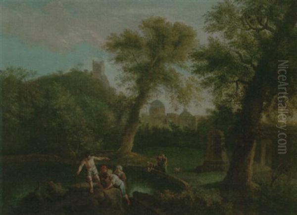 A Wooded Landscape With Figures Fishing And Watering At A Pond, A Town Beyond Oil Painting by Andrea Locatelli