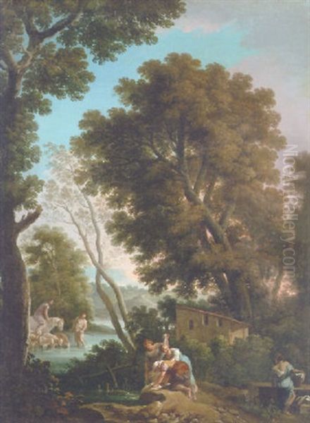 An Arcadian Landscape With Washerwomen, A Shepherd And Shepherdess Crossing A Stream Beyond by Andrea Locatelli