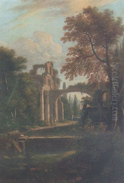 A Classical Landscape With Figures Resting Before A Ruined Building Oil Painting by Andrea Locatelli