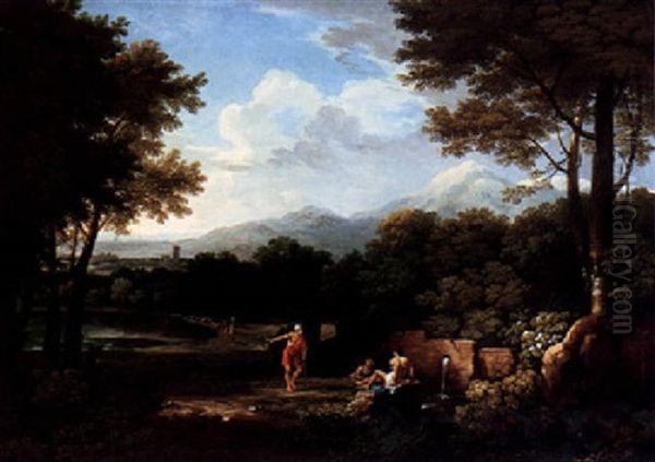 An Arcadian Wooded Landscape With Figures Conversing By A Pool Oil Painting by Andrea Locatelli