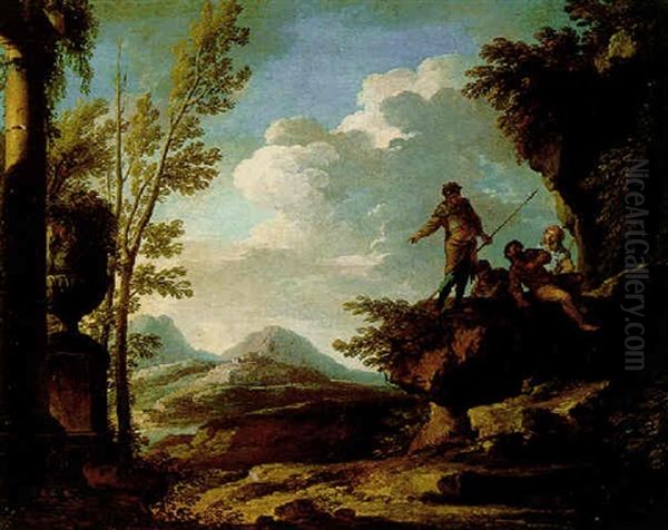 A Rocky Landscape With Mountains And A River Beyond, Figures In Conversation In The Foreground Oil Painting by Andrea Locatelli