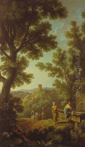 Arkadische Landschaft Mit Figuren An Einem Brunnen Und Turm Auf Einem Berg Oil Painting by Andrea Locatelli