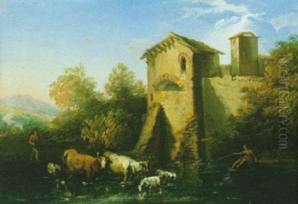 Casale Rustico Presso Un Corso D'acqua Con Armenti, Un Pescatore Ed Un Pastore Oil Painting by Andrea Locatelli