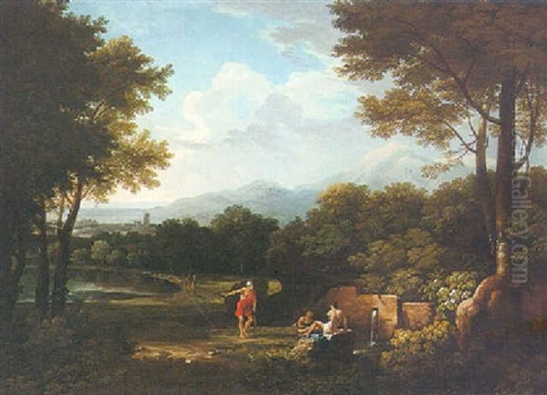 An Arcadian Wooded Landscape With Figures Conversing By A Pool Oil Painting by Andrea Locatelli