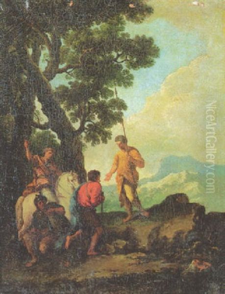 Soldiers Resting By A Tree, A Mountainous Landscape Beyond Oil Painting by Andrea Locatelli