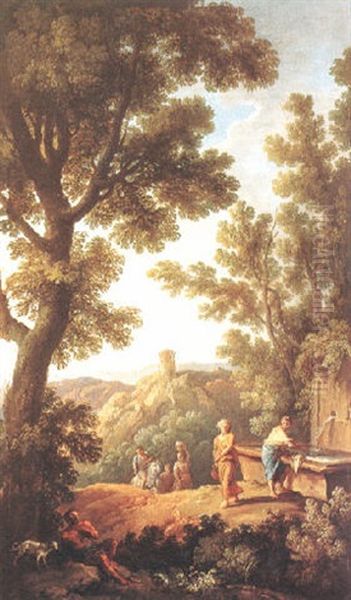 Arkadische Landschaft Mit Figuren An Einem Brunnen Und Turm Auf Einem Berg Oil Painting by Andrea Locatelli