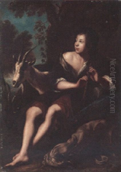 A Goatherd Seated By A Tree Playing A Pipe Oil Painting by Andrea Locatelli