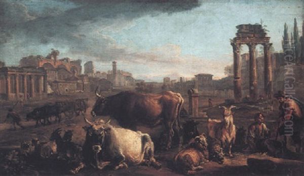 Shepherds With Their Cattle In The Roman Forum Oil Painting by Andrea Locatelli