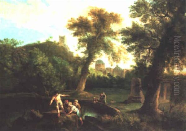 Wooded Landscape With Fishermen Beside An Ornamental Pond, A City Beyond Oil Painting by Andrea Locatelli