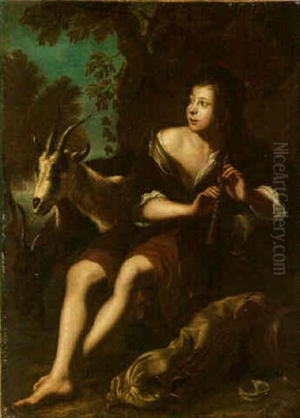 A Goatherd Seated By A Tree Playing A Pipe Oil Painting by Andrea Locatelli