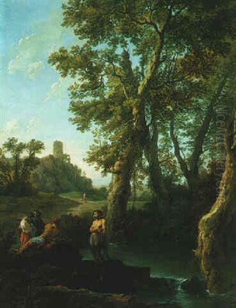 Classical River Landscape With Fishermen And A Woman Resting By Rocks Oil Painting by Andrea Locatelli