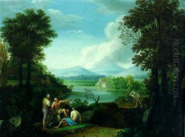 An Italianate River Landscape With Peasants And Banditti On A Track Oil Painting by Andrea Locatelli