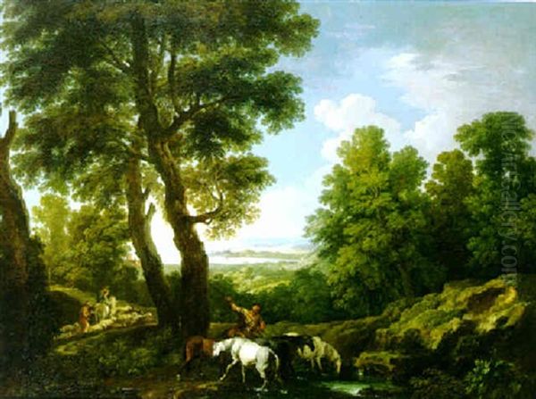 Extensive Landscape With A Peasant Watering Horses Oil Painting by Andrea Locatelli