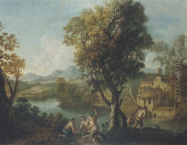 Wooded Landscape With Figures Bathing Oil Painting by Andrea Locatelli