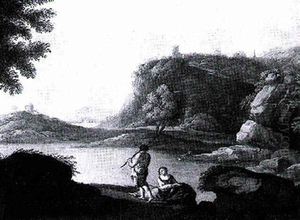 A Young Woman Reclining On A Path Beside A Lake Conversing With A Figure Carrying A Staff Oil Painting by Andrea Locatelli