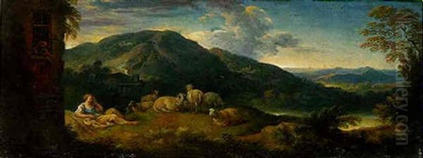 A Mountanous Landscape With A Shepherdess Resting On The Brow Of A Hill Overlooking A Lake In The Roman Campagna Oil Painting by Andrea Locatelli