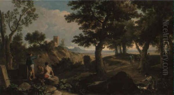 An Extensive Classical Landscape With Figures Among Ruins Oil Painting by Andrea Locatelli